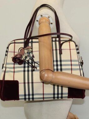 BURBERRY Nova Check Hand Bag Nylon Beige Silver